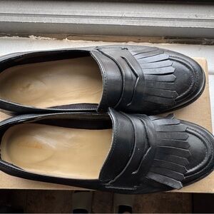 Clarks Black Leather Slip-On Loafers with Fringe Detail